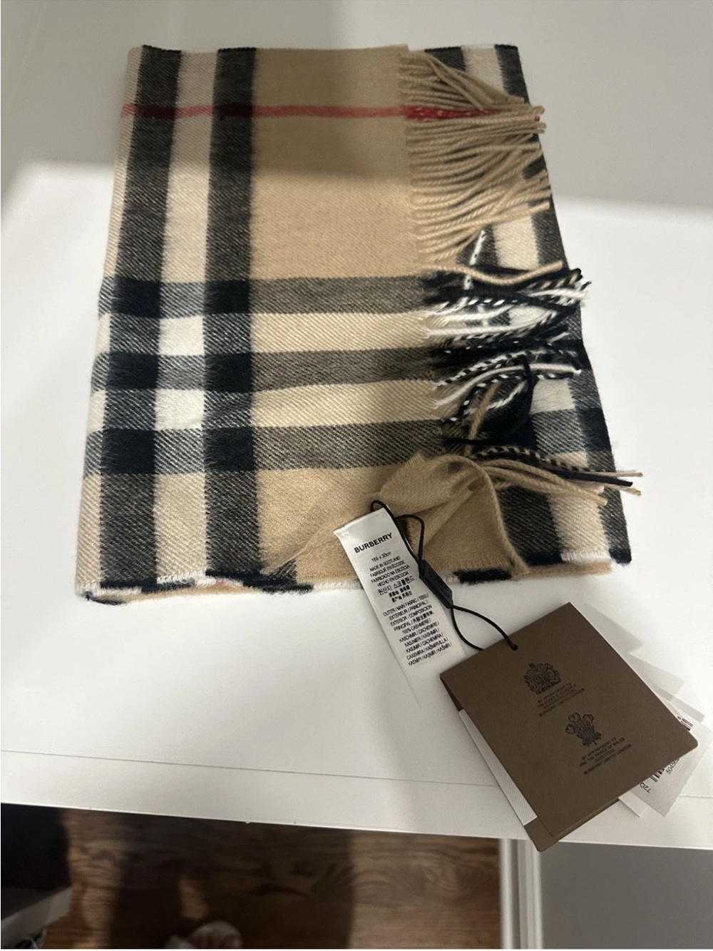 Burberry Beige and Black Check Cashmere Scarf with Fringe